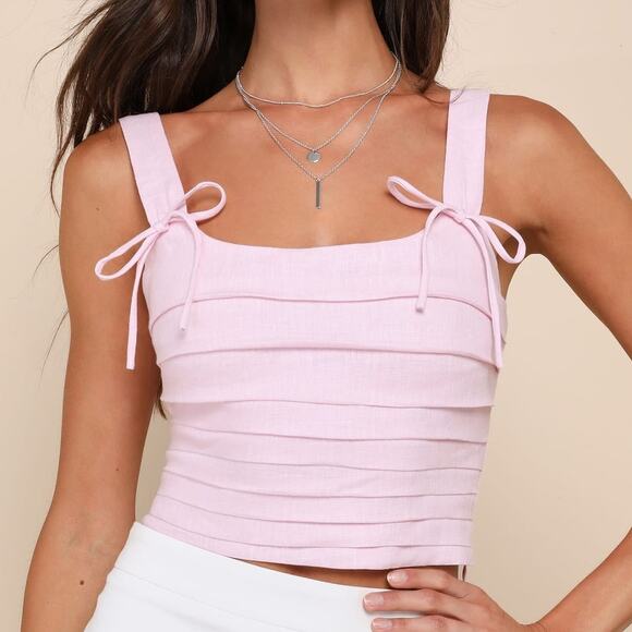 Lulus Trendsetting Essence Pink Linen Pleated Cropped Lace-Up Top Size S - Picture 1 of 6
